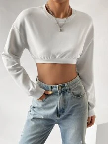 SHEIN EZwear Drop Shoulder Crop Pullover - White - View 6