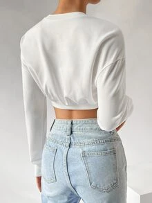 SHEIN EZwear Drop Shoulder Crop Pullover - White - View 2