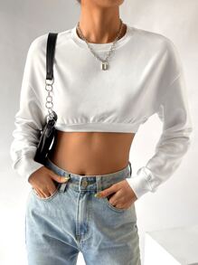 SHEIN EZwear Drop Shoulder Crop Pullover - White - View 4