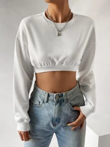 SHEIN EZwear Drop Shoulder Crop Pullover - White - View 3