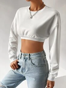 SHEIN EZwear Drop Shoulder Crop Pullover - White - View 7