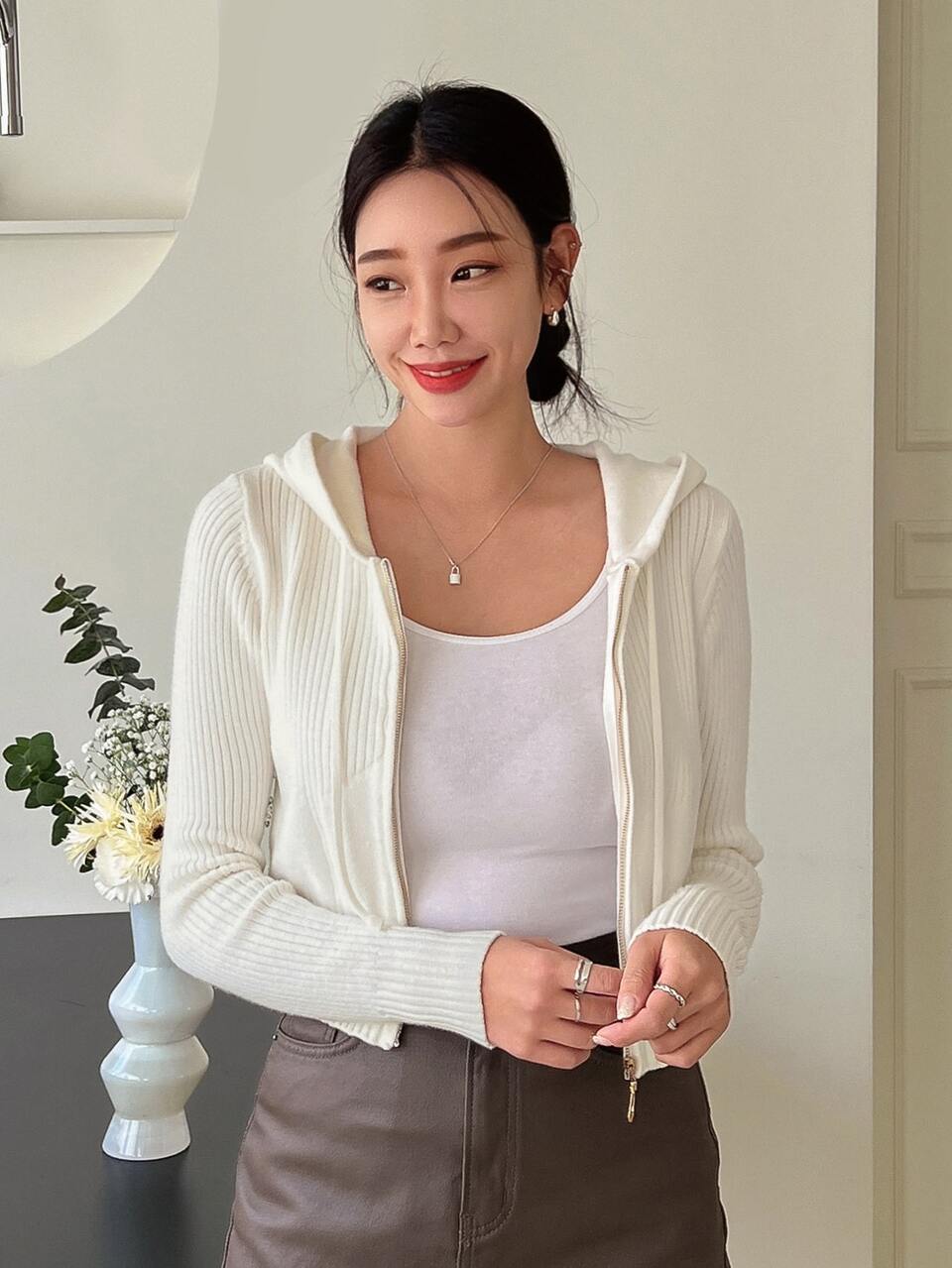 Ribbed Knit Zip Up Hooded Cardigan