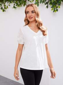 SHEIN Maternidad Camiseta de cuello V de manga farol - Blanco - Ver 3