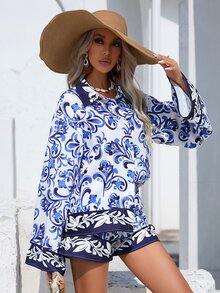 SHEIN VCAY 印花落肩袖襯衫和短褲 - 白色 - 查看 2