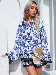 SHEIN VCAY 印花落肩袖襯衫和短褲 - 白色 - 查看 1