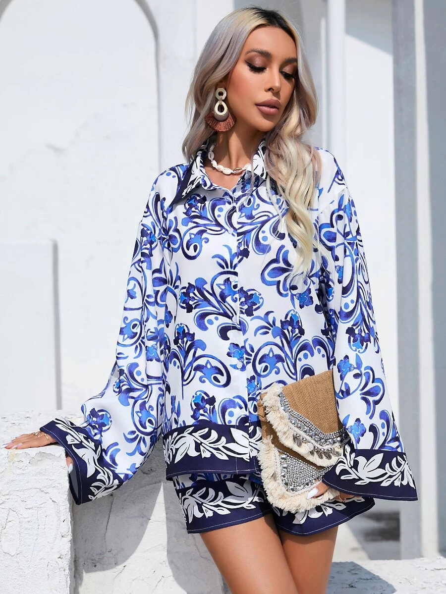 SHEIN VCAY 印花落肩袖襯衫和短褲 - 白色 - 查看 1