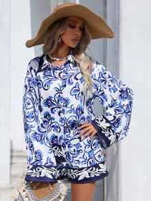 SHEIN VCAY 印花落肩袖襯衫和短褲 - 白色 - 查看 4