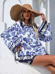 SHEIN VCAY 印花落肩袖襯衫和短褲 - 白色 - 查看 5