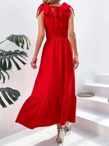 SHEIN VCAY Tie Shoulder Ruffle Hem Dress - Red - View 2