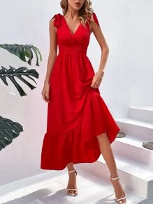 SHEIN VCAY Tie Shoulder Ruffle Hem Dress - Red - View 3