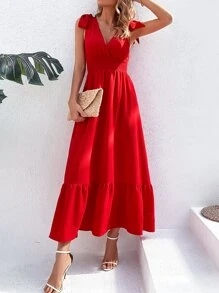 SHEIN VCAY Tie Shoulder Ruffle Hem Dress - Red - View 4