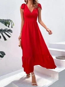 SHEIN VCAY Tie Shoulder Ruffle Hem Dress - Red - View 6