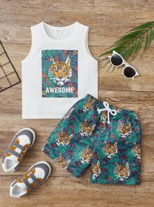 SHEIN 小男童老虎和熱帶圖案背心上衣和短褲 - 彩色 - 查看 5
