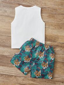 SHEIN 小男童老虎和熱帶圖案背心上衣和短褲 - 彩色 - 查看 2