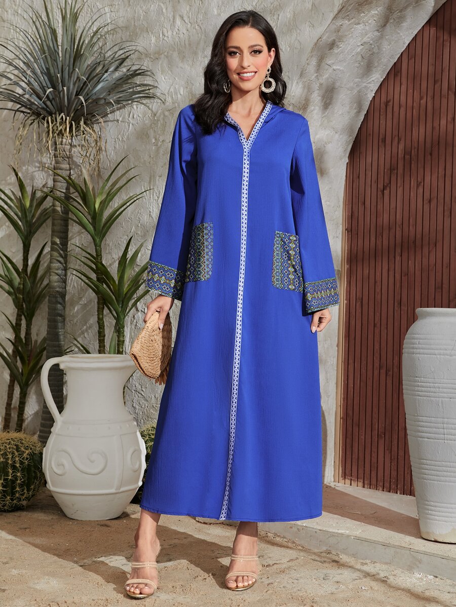 Al Najma Geo Print Hooded Tunic Modest Long Sleeve Dress Kaftan Jalabiya Dress - Blue - View 1