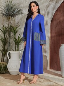 Al Najma Geo Print Hooded Tunic Modest Long Sleeve Dress Kaftan Jalabiya Dress - Blue - View 4