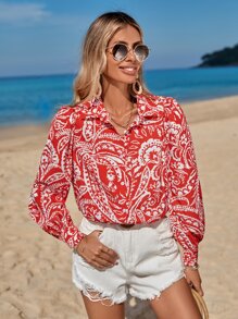 SHEIN VCAY Paisley Print Button Front Shirt - Red and White - View 4