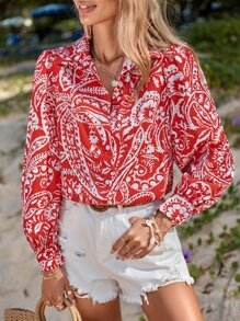 SHEIN VCAY Paisley Print Button Front Shirt - Red and White - View 5