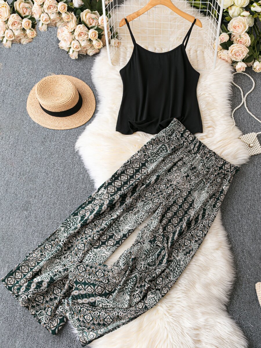 SHEIN LUNE Plus Cami Top & Floral Print Wide Leg Trousers - Multicolor - View 1