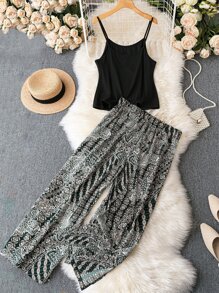 SHEIN LUNE Plus Cami Top & Floral Print Wide Leg Trousers - Multicolor - View 2