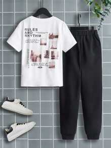 SHEIN Boys Slogan Graphic Tee & Joggers - Black and White - View 1