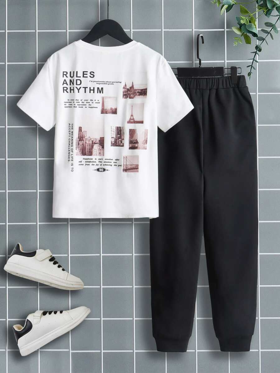 SHEIN Boys Slogan Graphic Tee & Joggers - Black and White - View 1