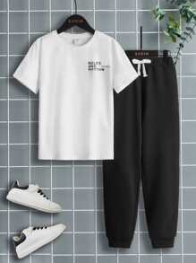 SHEIN Boys Slogan Graphic Tee & Joggers - Black and White - View 2