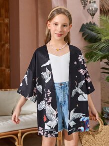 SHEIN Girls Crane Print Drop Shoulder Kimono - Multicolor - View 1
