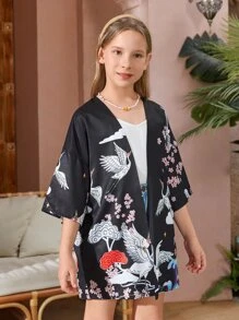 SHEIN Girls Crane Print Drop Shoulder Kimono - Multicolor - View 5