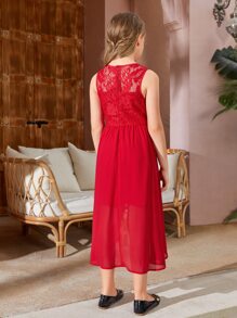 SHEIN Girls Floral Lace High Low Hem Dress - Red - View 2