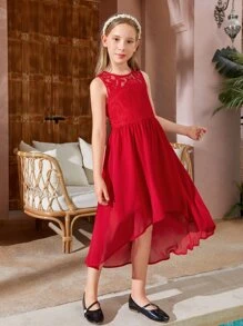 SHEIN Girls Floral Lace High Low Hem Dress - Red - View 3