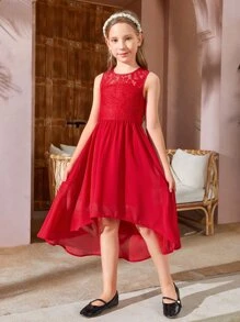 SHEIN Girls Floral Lace High Low Hem Dress - Red - View 4