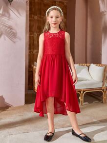 SHEIN Girls Floral Lace High Low Hem Dress - Red - View 5