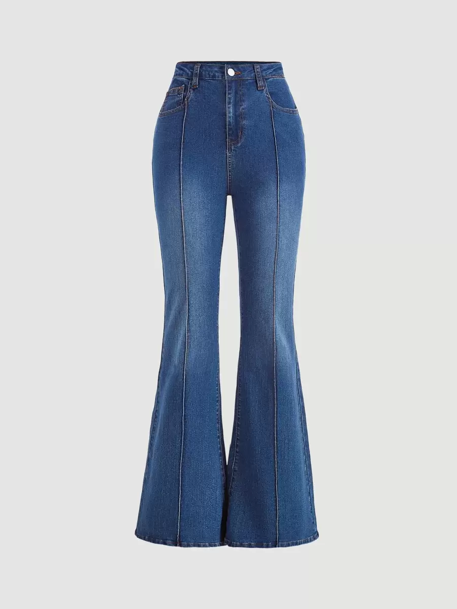 SHEIN MOD Seam Detail Flare Leg Jeans - Dark Wash - View 1