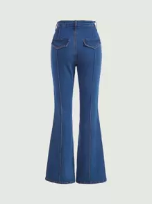 SHEIN MOD Seam Detail Flare Leg Jeans - Dark Wash - View 2
