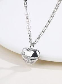 Cubic Zirconia Decor Heart Charm Necklace - Silver - View 1