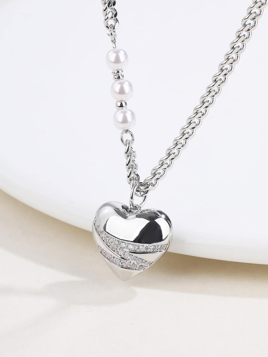 Cubic Zirconia Decor Heart Charm Necklace - Silver - View 1