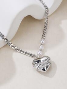 Cubic Zirconia Decor Heart Charm Necklace - Silver - View 2