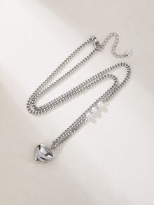 Cubic Zirconia Decor Heart Charm Necklace - Silver - View 3