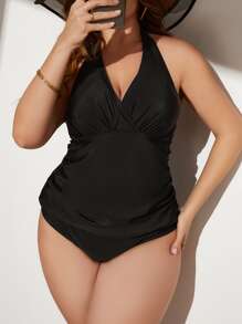 SHEIN Swim Curve Summer Beach Plus Mono Tankini Set Ruched Halter Top & High Waisted Bottom 2 Piece Separate Bathing Suit - Black - View 3