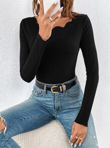 SHEIN Frenchy Camiseta ribete en abanico tejido de canalé - Negro - Ver 4