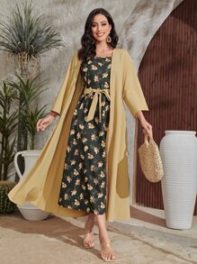Al Najma Batwing Sleeve Open Front Coat & Floral Print Cami Dress - Multicolor - View 1
