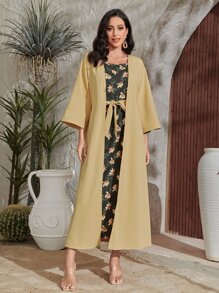 Al Najma Batwing Sleeve Open Front Coat & Floral Print Cami Dress - Multicolor - View 3