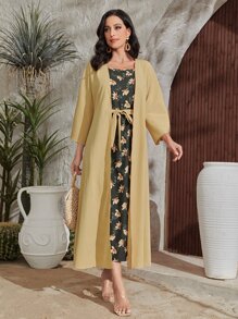 Al Najma Batwing Sleeve Open Front Coat & Floral Print Cami Dress - Multicolor - View 4