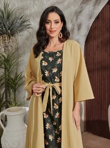 Al Najma Batwing Sleeve Open Front Coat & Floral Print Cami Dress - Multicolor - View 5
