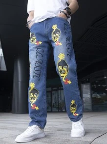 Manfinity Men Letter Graphic Straight Leg Jeans - Medium Wash - View 1