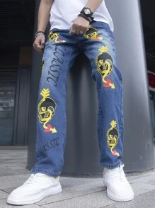 Manfinity Men Letter Graphic Straight Leg Jeans - Medium Wash - View 3