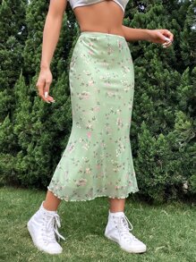 SHEIN EZwear 印花木耳邊網紗半身裙