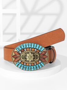 Turquoise Decor Oval Buckle Belt - Brown - View 1