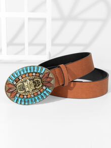 Turquoise Decor Oval Buckle Belt - Brown - View 2